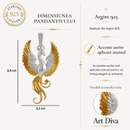 Pandantiv „Phoenix” din argint 925 cu accente aurii – talisman lustruit manual pentru renaștere, forță și nou început, bijuterie sculpturală în stil boho-rustic | Art Diva