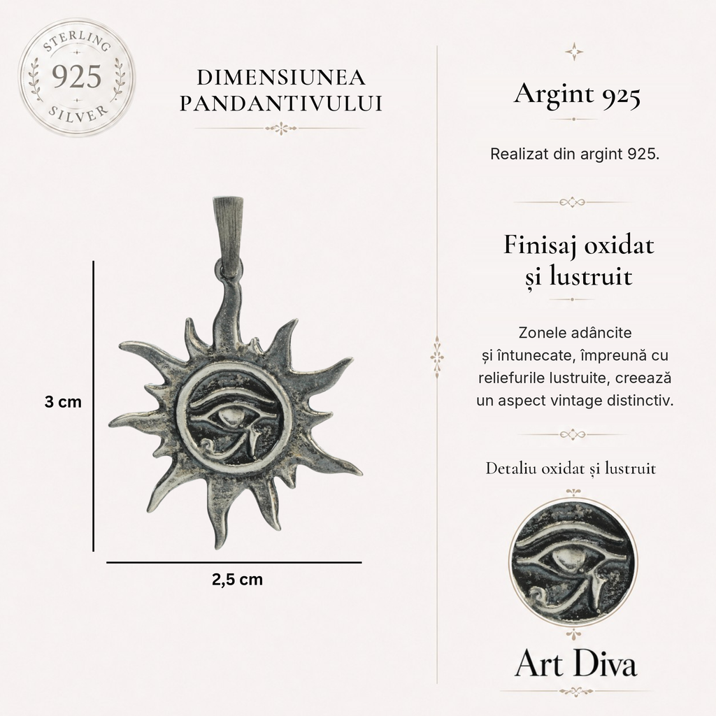 Pandantiv „Ochiul lui Ra – Talisman solar” din argint 925 – bijuterie sculpturală oxidată în stil boho-rustic | Art Diva