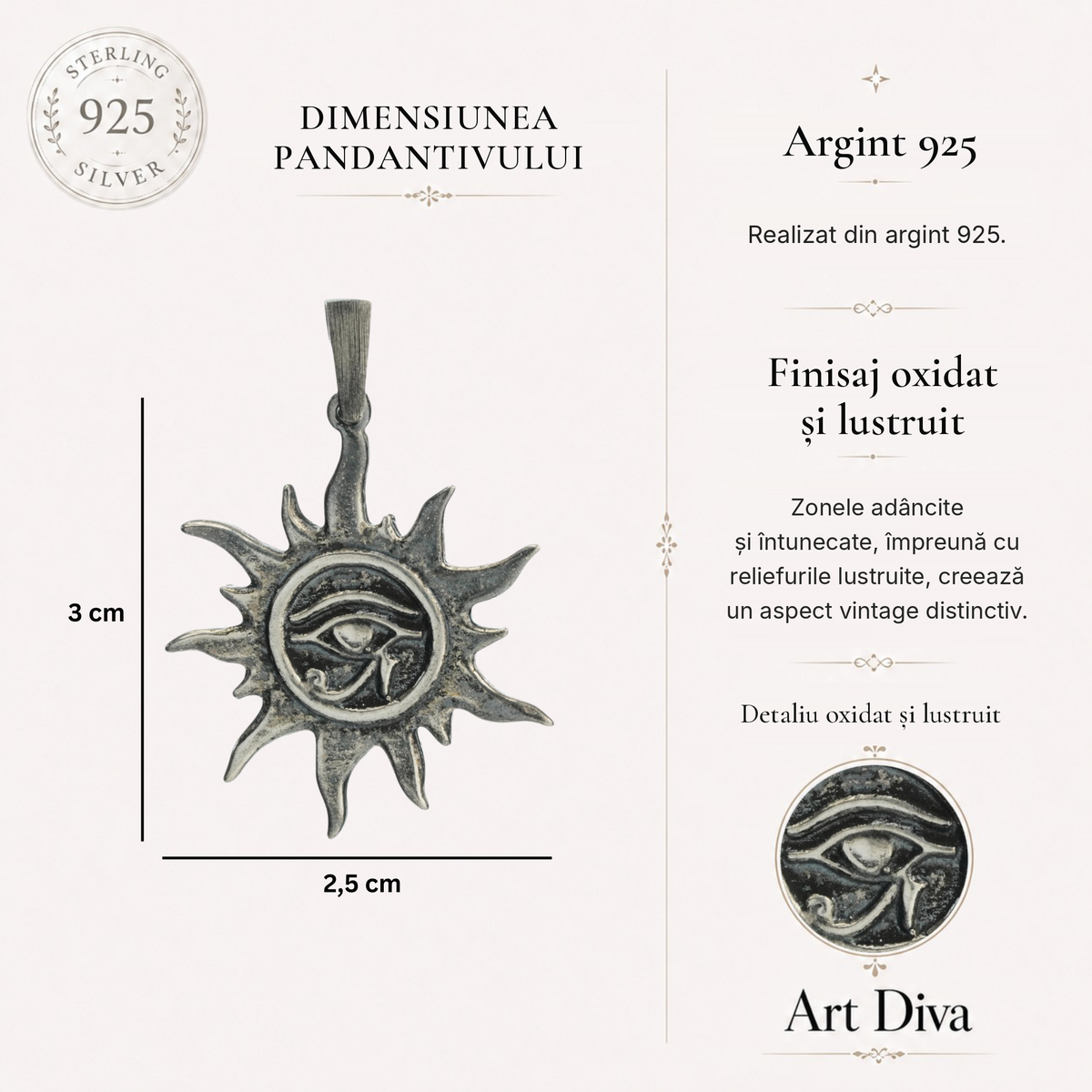 Pandantiv „Ochiul lui Ra – Talisman solar” din argint 925 – bijuterie sculpturală oxidată în stil boho-rustic | Art Diva