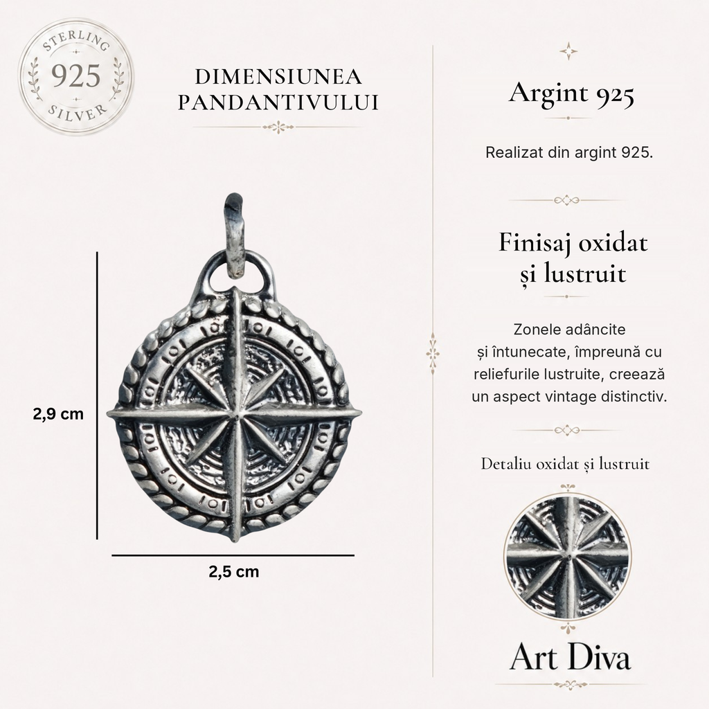 Pandantiv „Busolă” din argint 925 – talisman pentru orientare, protecție și forță interioară, bijuterie sculpturală în stil boho rustic | Art Diva