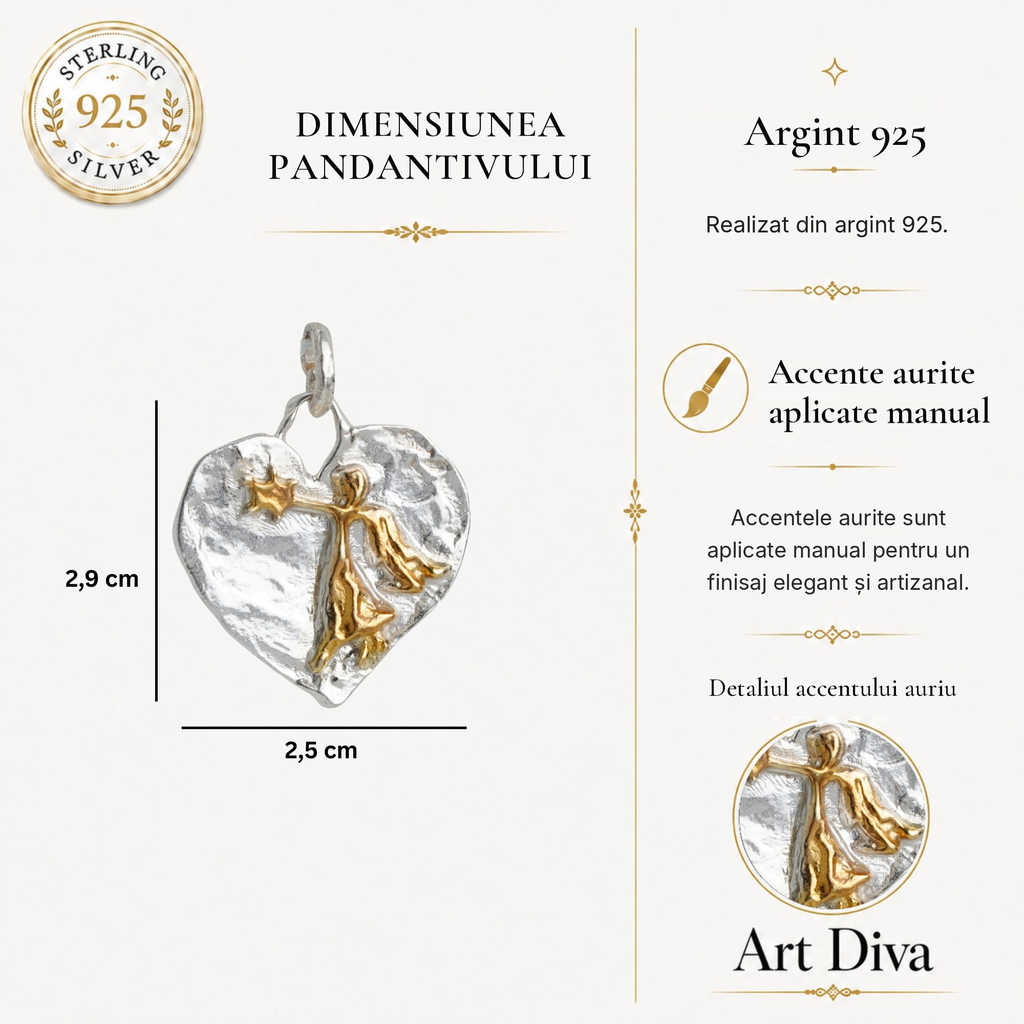 Pandantiv Inimă cu înger păzitor și stea din argint 925 – talisman pentru protecție, iubire și credință, realizat manual în stil boho și rustic | Art Diva