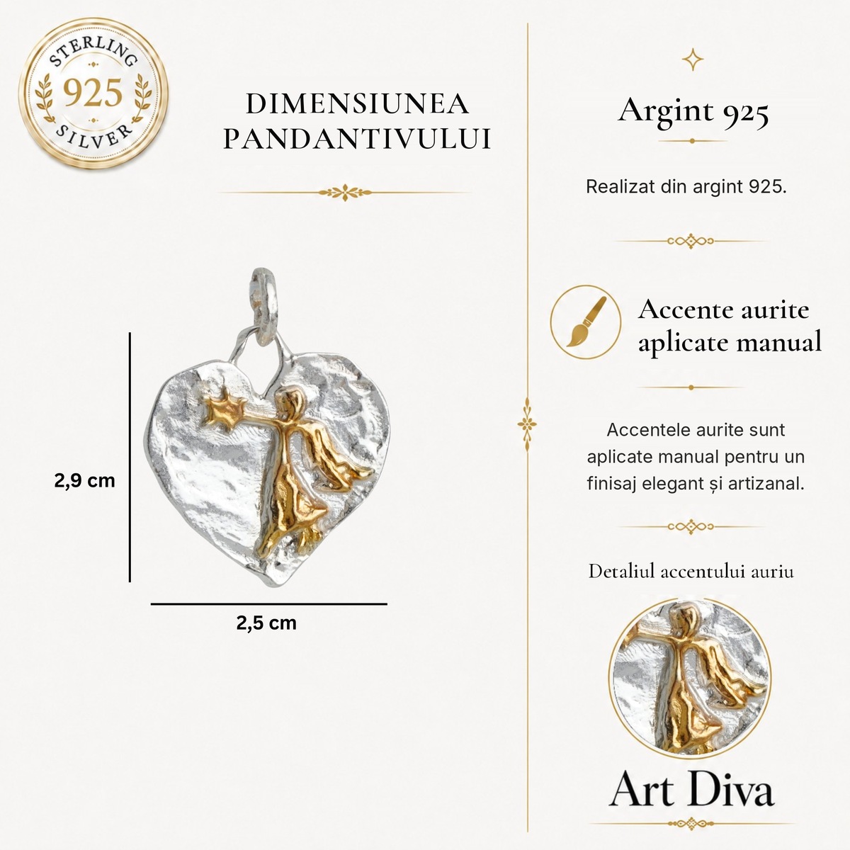 Pandantiv Inimă cu înger păzitor și stea din argint 925 – talisman pentru protecție, iubire și credință, realizat manual în stil boho și rustic | Art Diva