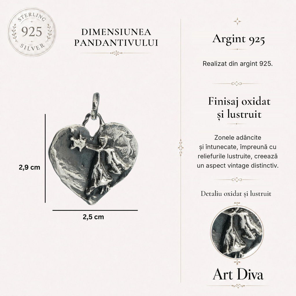 Pandantiv Inimă cu Înger Păzitor și Stea din argint 925 – talisman pentru protecție, iubire și credință, realizat manual în stil boho | Art Diva