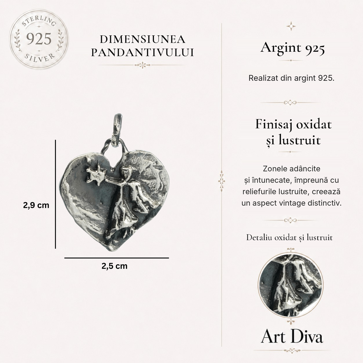 Pandantiv Inimă cu Înger Păzitor și Stea din argint 925 – talisman pentru protecție, iubire și credință, realizat manual în stil boho | Art Diva