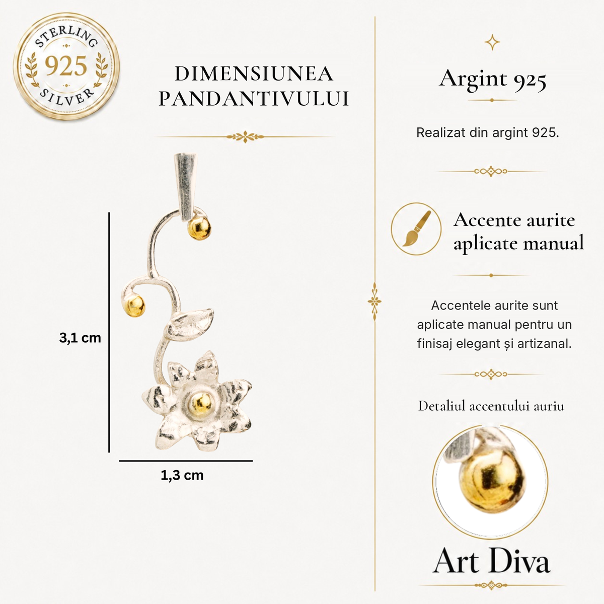 Pandantiv „Floare Delicată” din argint 925 cu accent auriu – talisman pentru nou început și gingășie, bijuterie sculpturală realizată manual în stil boho-rustic | Art Diva