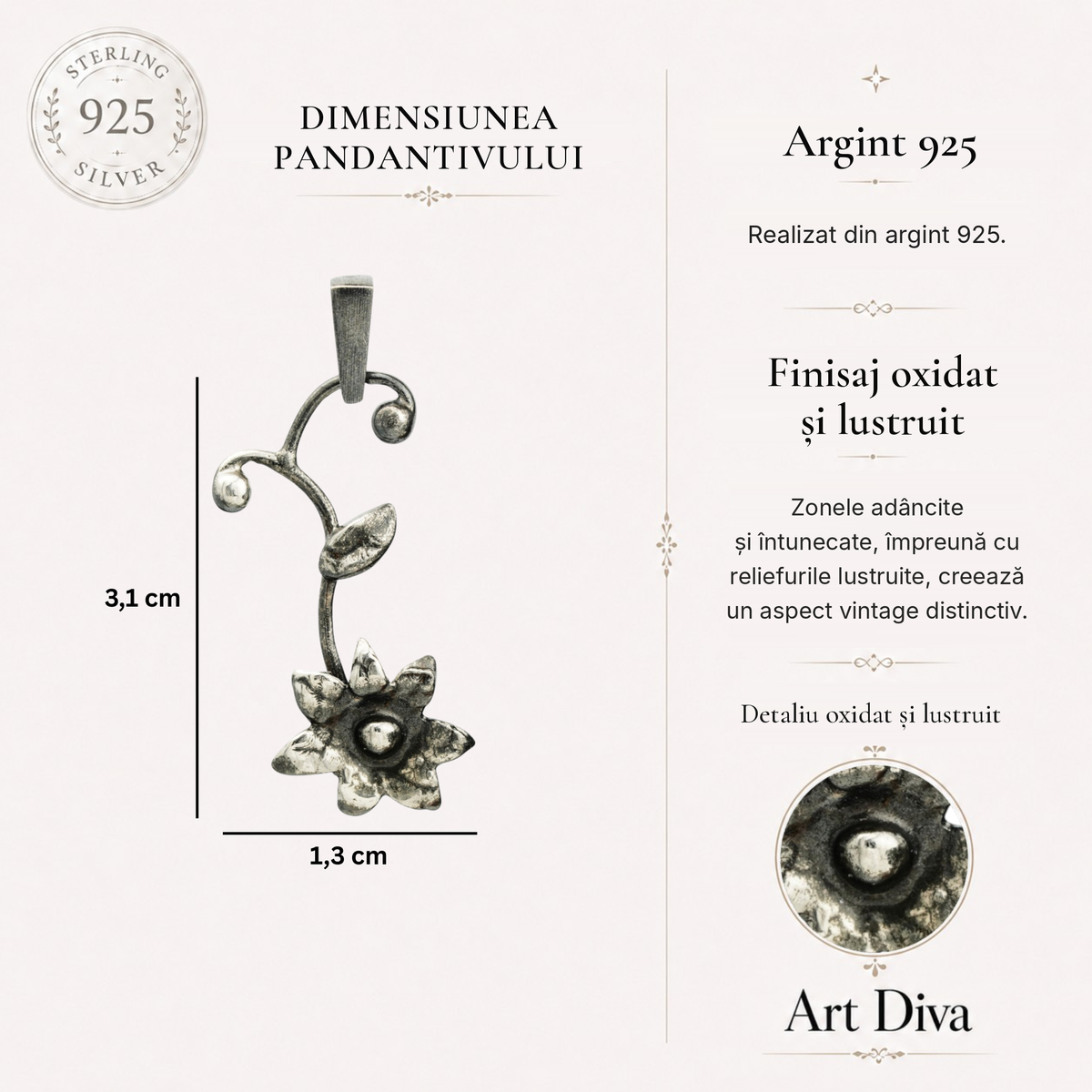 Pandantiv „Floare Sălbatică” din argint 925 – talisman pentru forță interioară și nou început, bijuterie sculpturală în stil boho-rustic | Art Diva