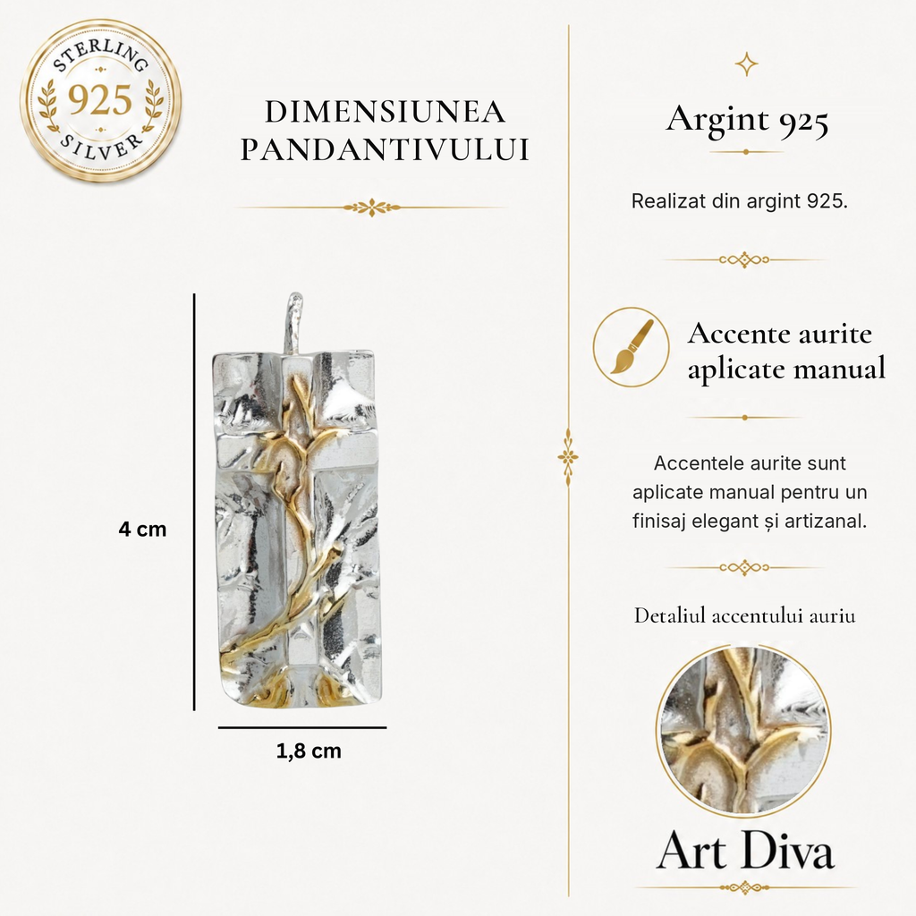 Pandantiv cruce „Giulgiu” pentru bărbați din argint 925 cu accente aurii – simbol al credinței, bijuterie sculpturală realizată manual în stil boho-rustic | Art Diva