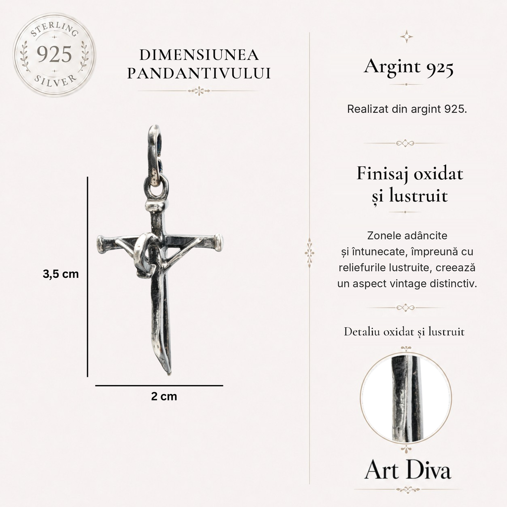 Pandantiv cruce „Credință Făurită” pentru femei din argint 925 – talisman oxidat pentru forță și credință | Art Diva