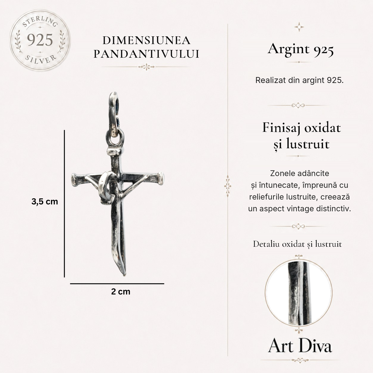 Pandantiv cruce „Credință Făurită” pentru femei din argint 925 – talisman oxidat pentru forță și credință | Art Diva