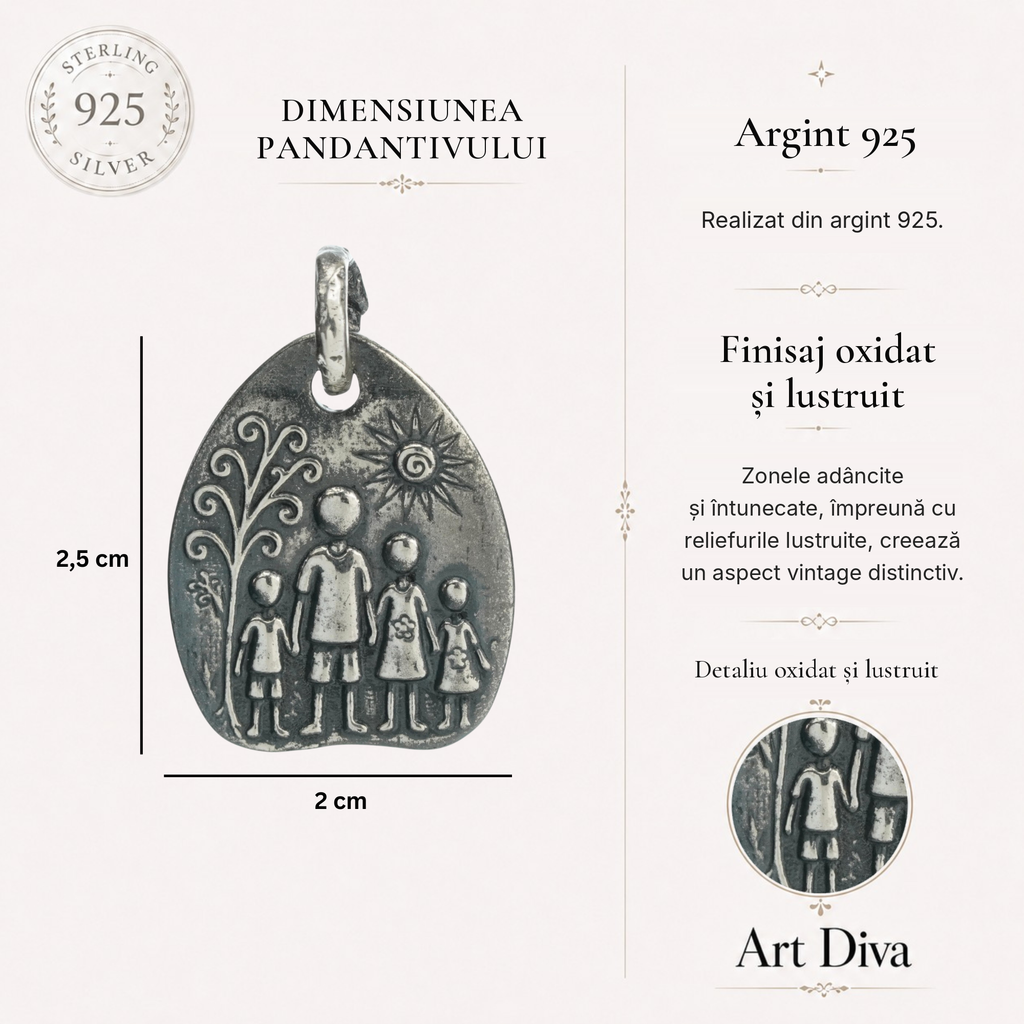 Pandantiv „Familie” din argint 925 – talisman realizat manual pentru iubire și protecție, bijuterie sculpturală în stil boho-rustic | Art Diva