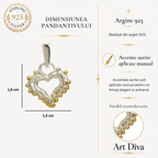 Pandantiv „Dragoste de dimineață” cu inimă deschisă și picături de rouă din argint 925 cu accente de culoarea aurului – talisman pentru tandrețe și iubire pură, realizat manual în stil boho și rustic | Art Diva