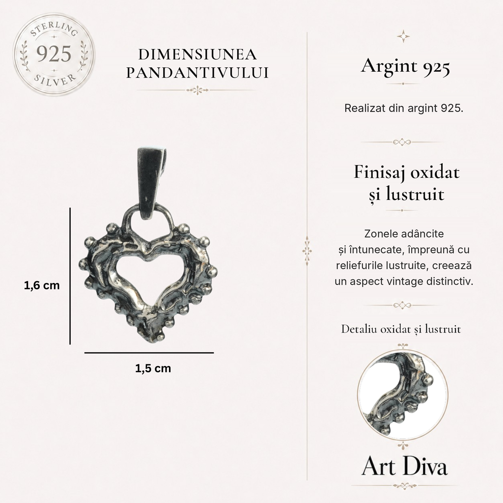 Pandantiv Inimă „Iubire de dimineață” cu picături de rouă din argint 925 – talisman pentru tandrețe și iubire pură, realizat manual în stil boho | Art Diva