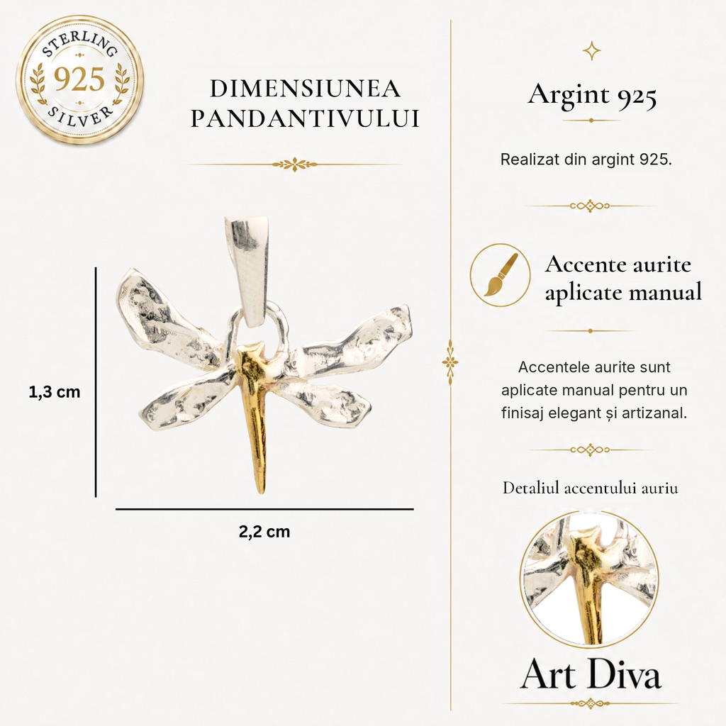 Pandantiv „Libelulă” din argint 925 cu accente de culoarea aurului – talisman pentru schimbare, lejeritate și libertate interioară, realizat manual în stil boho și rustic | Art Diva