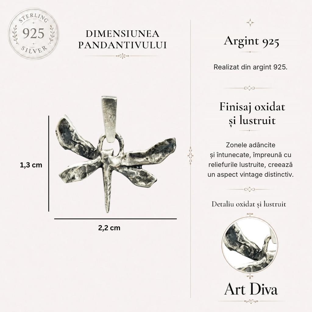 Pandantiv „Libelulă” din argint 925 – talisman pentru schimbare, ușurință și libertate interioară, realizat manual în stil boho | Art Diva