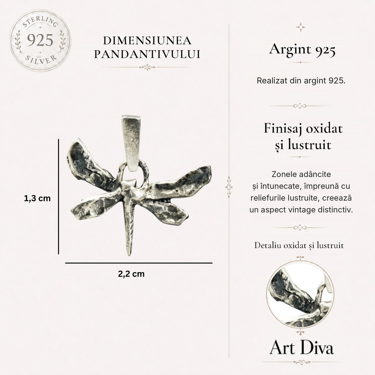 Pandantiv „Libelulă” din argint 925 – talisman pentru schimbare, ușurință și libertate interioară, realizat manual în stil boho | Art Diva