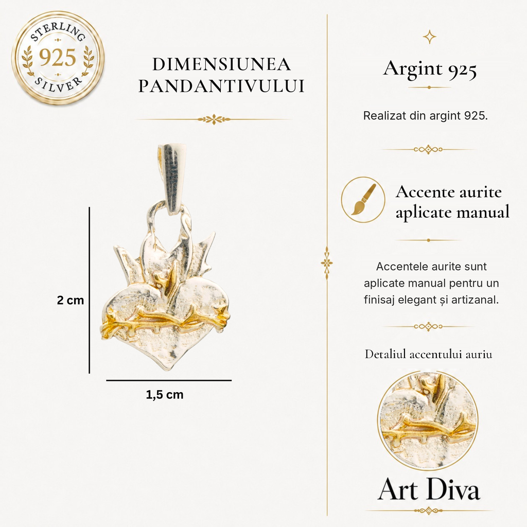 Pandantiv „Sfânta Inimă” din argint 925 – talisman creștin pentru credință, speranță și protecție, bijuterie sculpturală realizată manual în stil boho și rustic | Art Diva