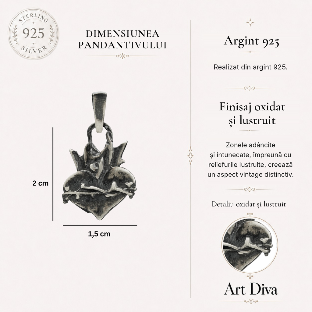 Pandantiv „Sfânta Inimă” din argint 925 – talisman creștin pentru credință și protecție | Art Diva