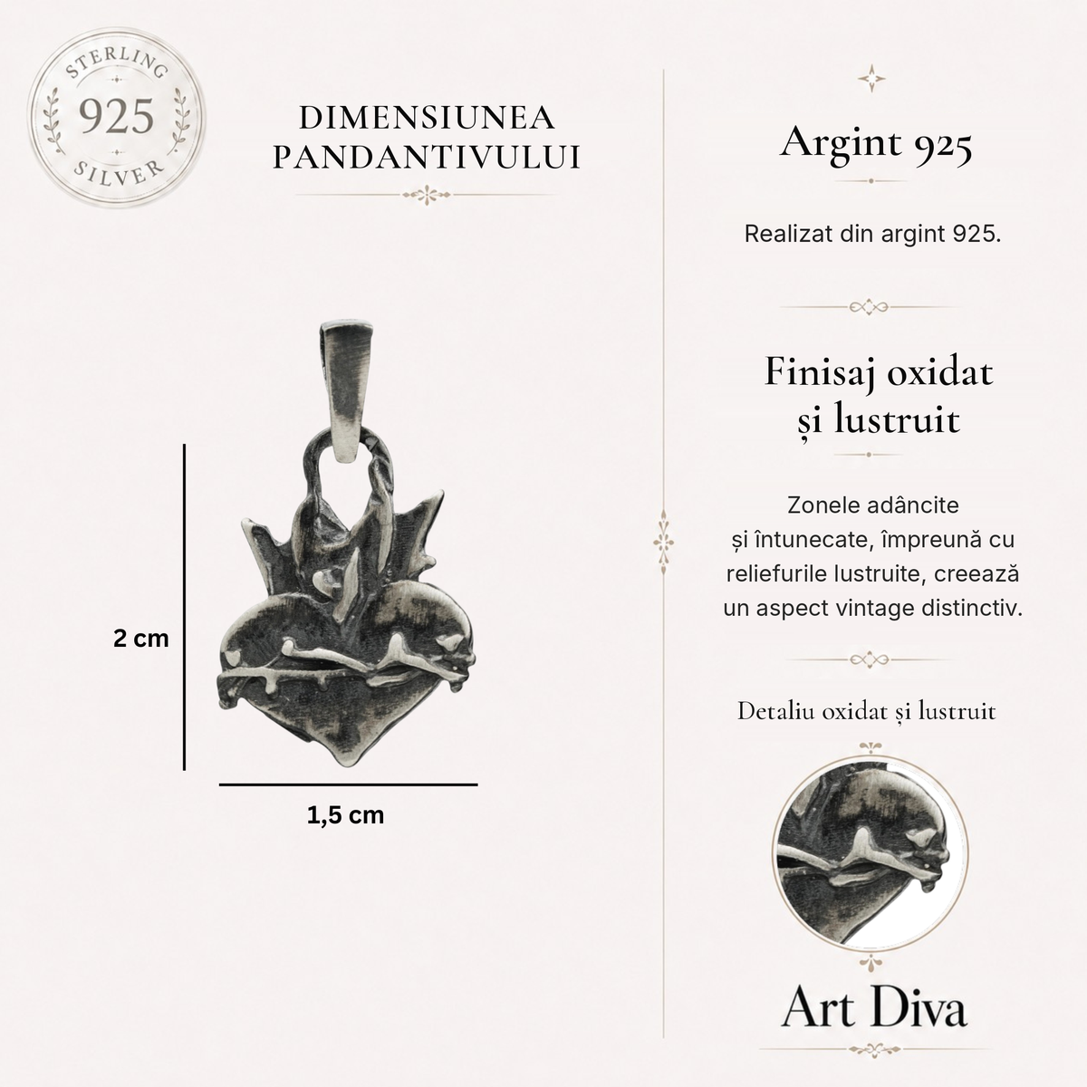 Pandantiv „Sfânta Inimă” din argint 925 – talisman creștin pentru credință și protecție | Art Diva