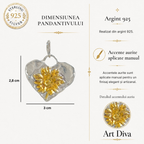 Pandantiv „Inimă cu floarea-soarelui” din argint 925 cu accente placate în aur – bijuterie sculpturală handmade în stil boho și rustic | Art Diva