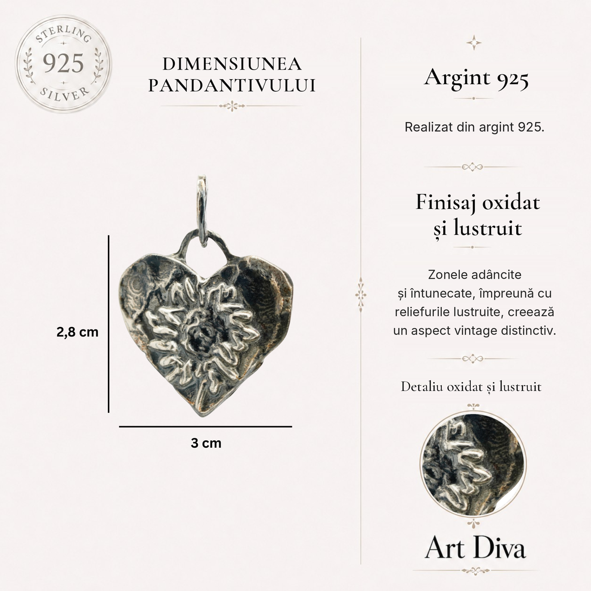 Inimă cu Floarea-soarelui – pandantiv din argint 925 | Simbol al iubirii și al tandreței | Art Diva