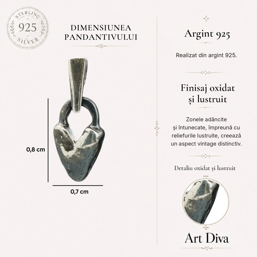 Pandantiv miniatural „Inimă pufoasă” din argint 925 – talisman pentru iubire, tandrețe și grijă, realizat manual în stil boho | Art Diva