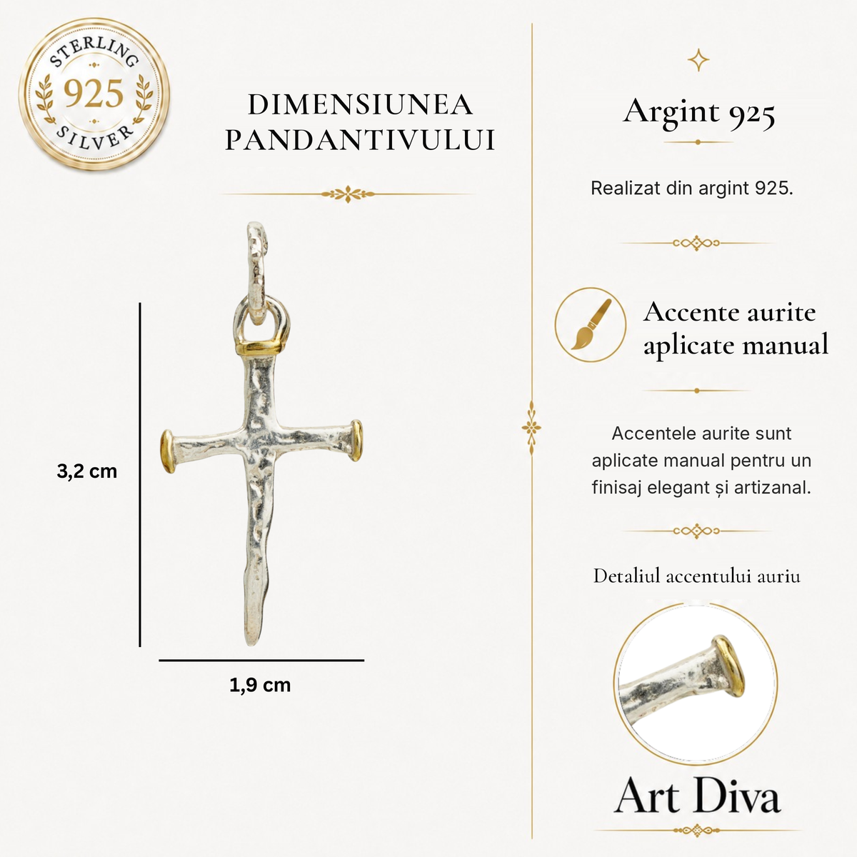 Pandantiv Cruce cu cuie din argint 925 cu accente placate în aur – talisman pentru credință și forță, realizat manual în stil rustic | Art Diva