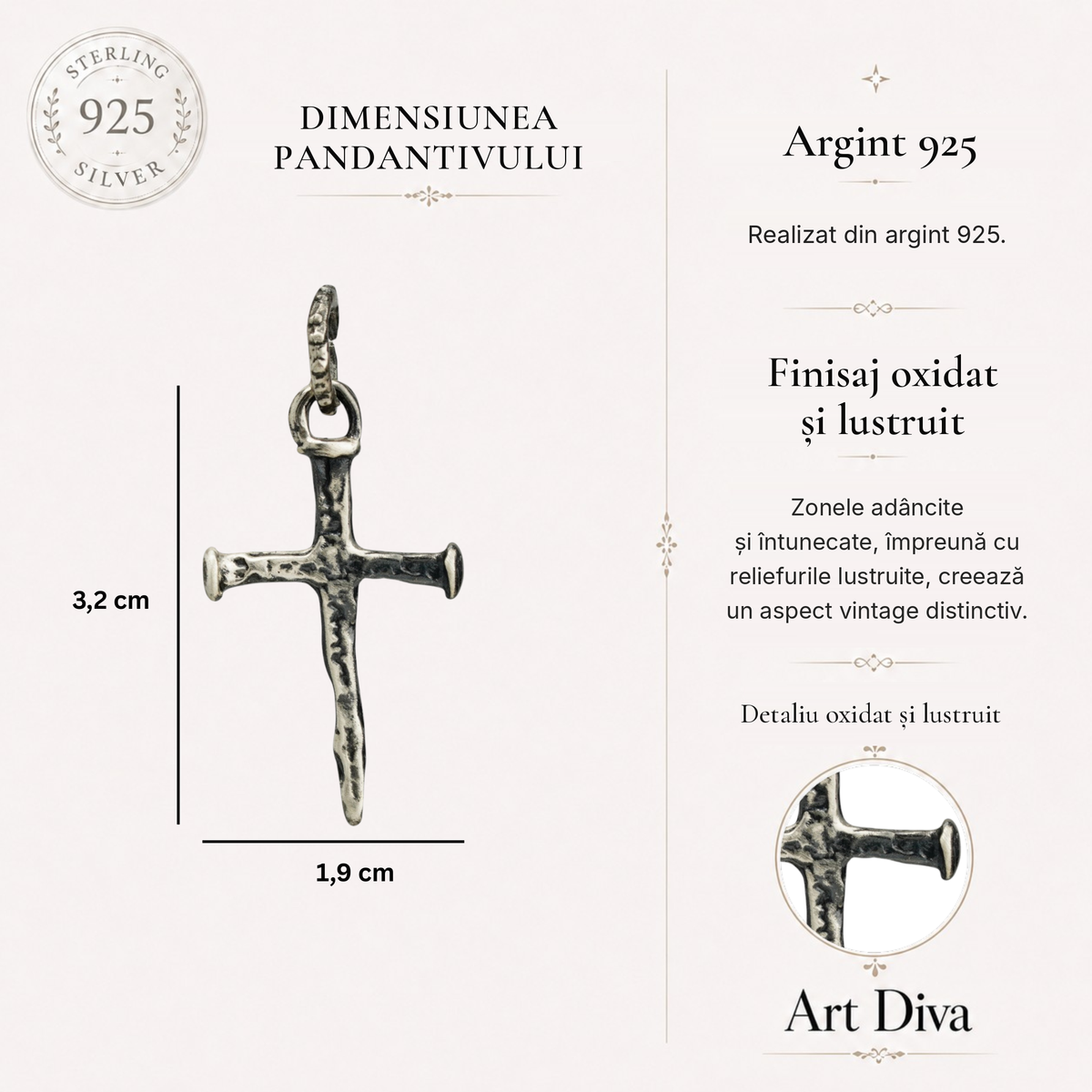 Pandantiv rustic Cruce din Cuie din argint – bijuterie realizată manual, plină de caracter, simbol al credinței și al forței | Art Diva