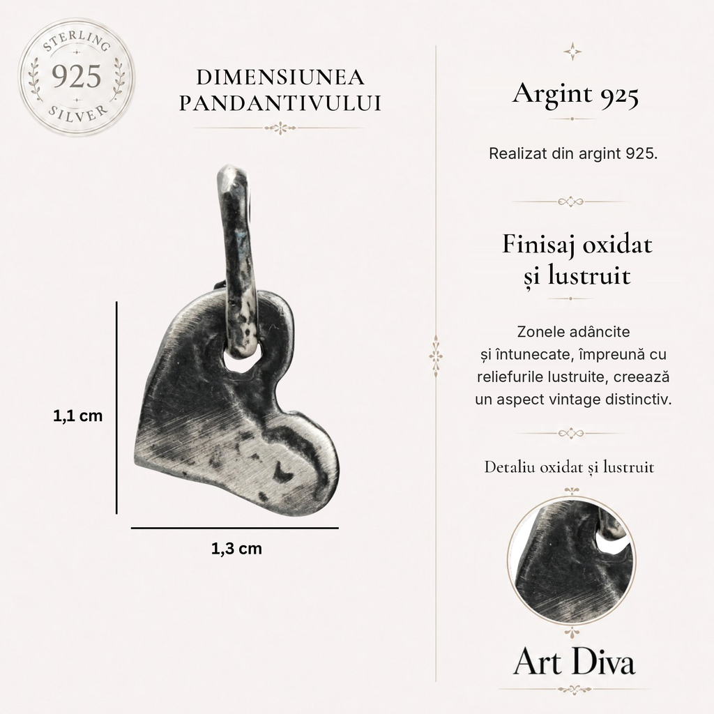 Pandantiv Inimă din argint 925 – talisman al iubirii, bijuterie sculpturală realizată manual în stil boho, cu aspect rustic | Art Diva