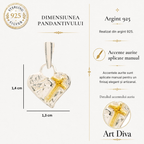 Pandantiv miniatural „Credință în iubire” cu inimă și cruce din argint 925 cu accente placate cu aur – simbol realizat manual al iubirii spirituale, bijuterie sculpturală rustică din colecția „Strălucire” | Art Diva
