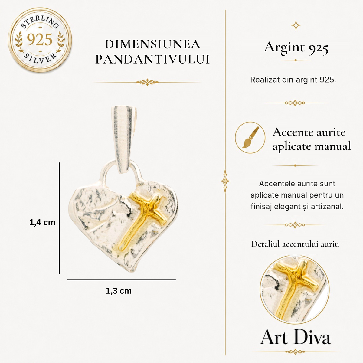 Pandantiv miniatural „Credință în iubire” cu inimă și cruce din argint 925 cu accente placate cu aur – simbol realizat manual al iubirii spirituale, bijuterie sculpturală rustică din colecția „Strălucire” | Art Diva