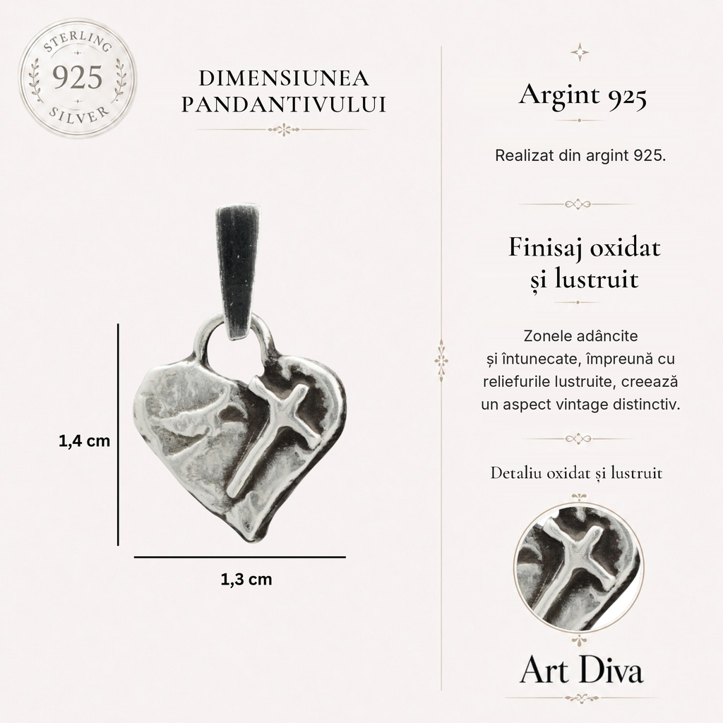 Pandantiv miniatural „Credința în iubire” din argint 925 – inimă creștină cu cruce, simbol realizat manual al iubirii spirituale | Art Diva