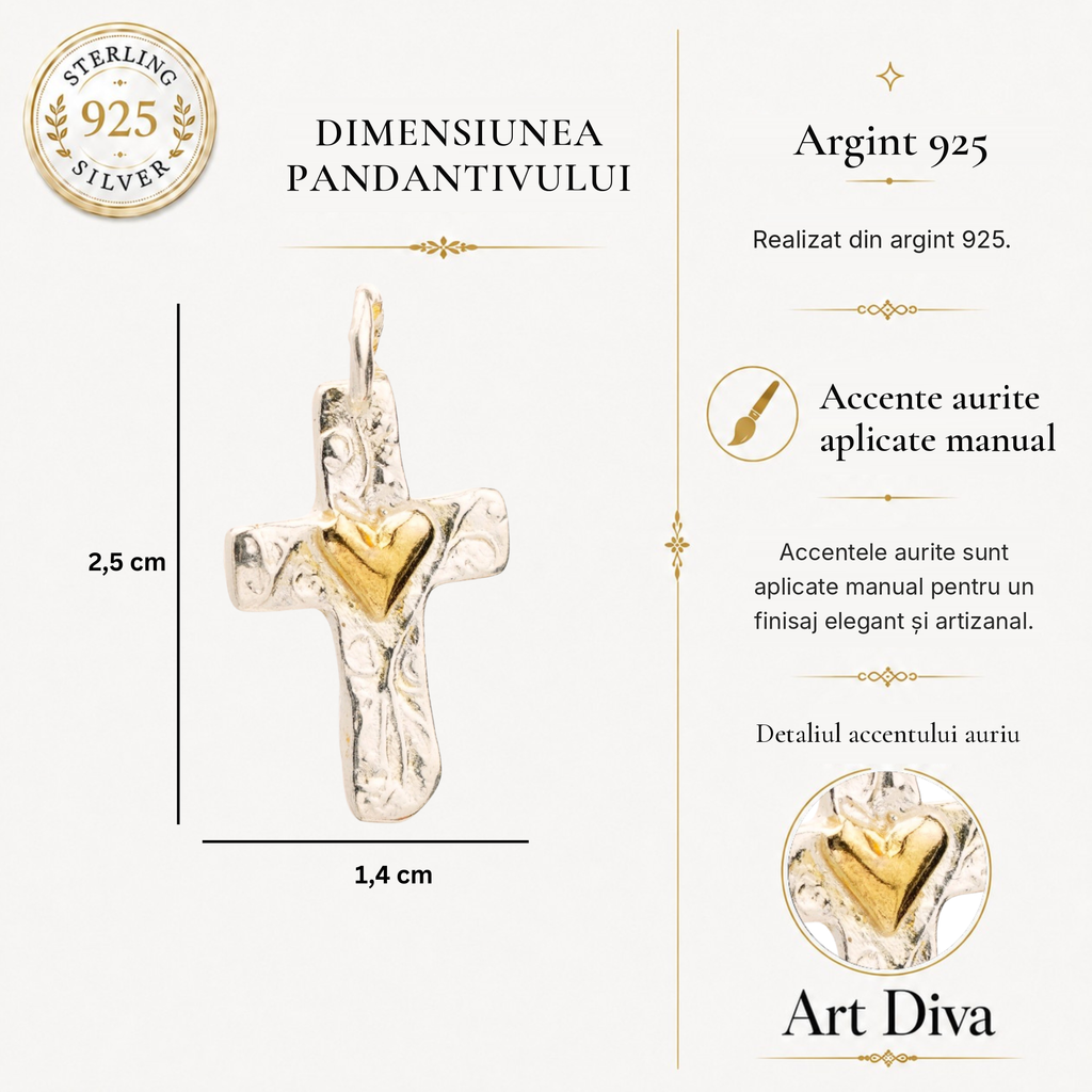 Pandantiv Cruce cu inimă din argint 925 cu accente de culoarea aurului – simbol realizat manual al iubirii și al credinței, în stil boho și rustic | Art Diva