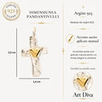 Pandantiv Cruce cu inimă din argint 925 cu accente de culoarea aurului – simbol realizat manual al iubirii și al credinței, în stil boho și rustic | Art Diva