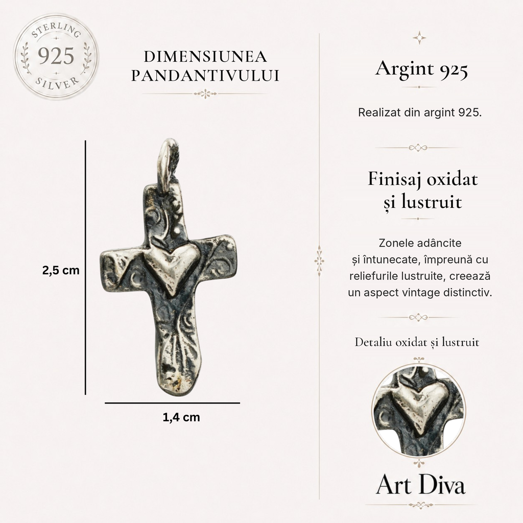 Pandantiv Cruce cu inimă din argint – simbol realizat manual al iubirii și al credinței, bijuterie sculpturală în stil boho și rustic | Art Diva