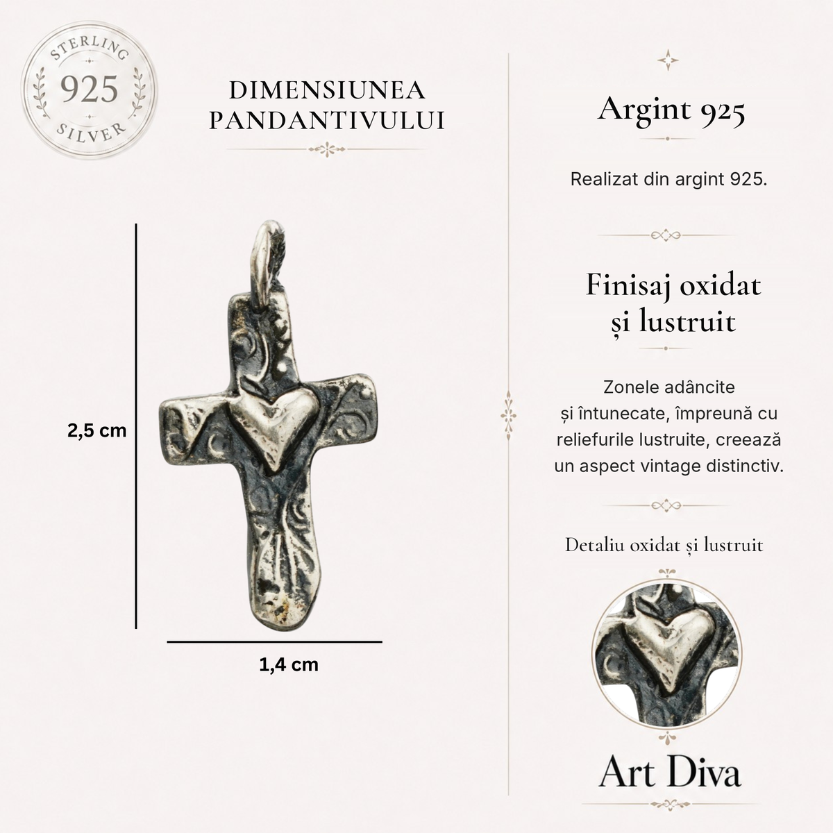 Pandantiv Cruce cu inimă din argint – simbol realizat manual al iubirii și al credinței, bijuterie sculpturală în stil boho și rustic | Art Diva