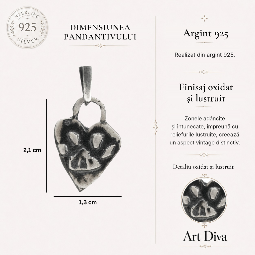 Pandantiv Inimă cu Lăbuță din argint 925 – talisman pentru iubirea de animale, bijuterie în stil boho și rustic, cadou ideal pentru mamă, fiică sau prietenă | Art Diva