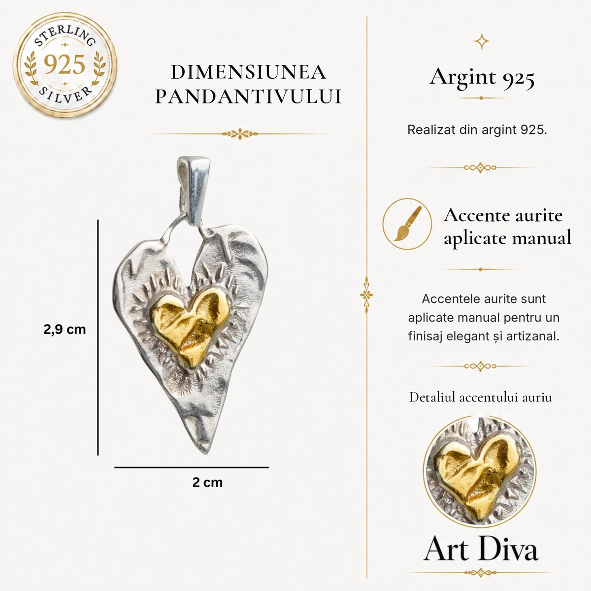 Pandantiv Inimă cu inimă aurie din argint 925 – talisman pentru iubire și apropiere profundă, realizat manual în stil boho și rustic | Art Diva