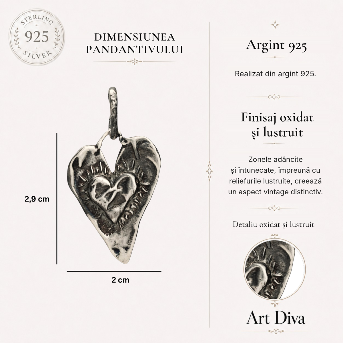 Pandantiv „Inimă în inimă” din argint 925 – talisman pentru iubire și apropiere profundă, bijuterie sculpturală realizată manual în stil boho și rustic | Art Diva