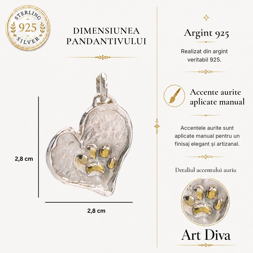 Pandantiv inimă cu lăbuță din argint 925 cu accente aurii – talisman pentru loialitate și iubire de animale, bijuterie sculpturală handmade în stil boho rustic, colecția „Strălucire” | Art Diva