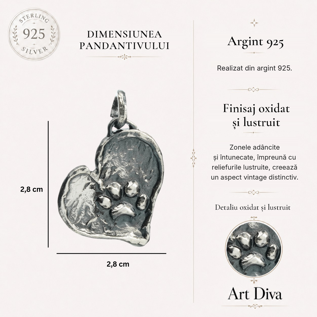 Pandantiv Inimă cu Lăbuță din argint 925 – talisman pentru loialitate și iubirea de animale, bijuterie în stil boho și rustic pentru iubitorii de câini și pisici | Art Diva