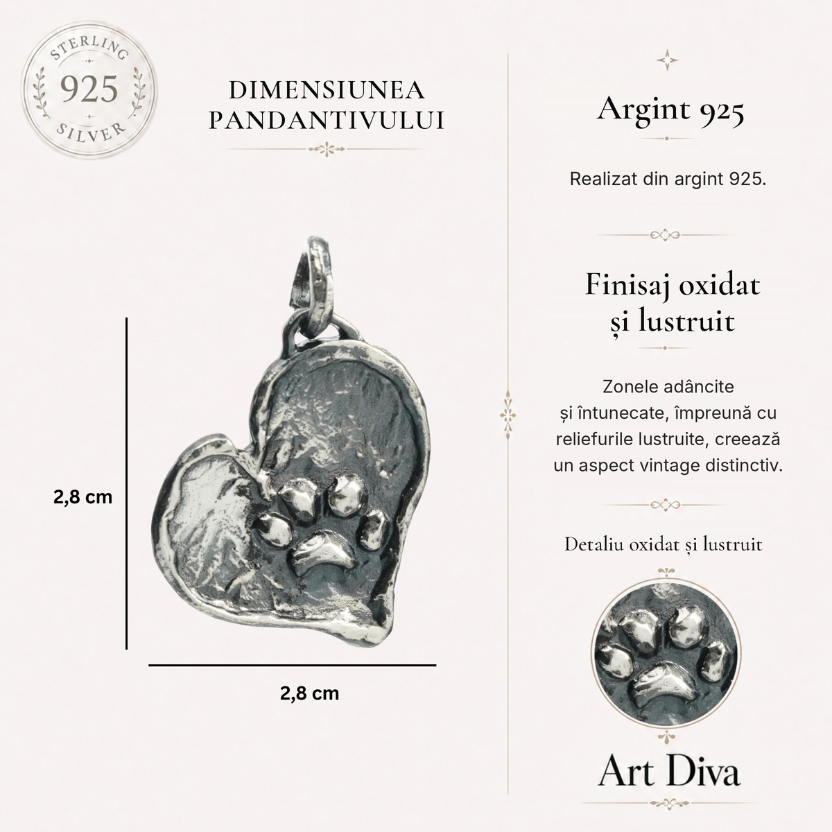 Pandantiv Inimă cu Lăbuță din argint 925 – talisman pentru loialitate și iubirea de animale, bijuterie în stil boho și rustic pentru iubitorii de câini și pisici | Art Diva