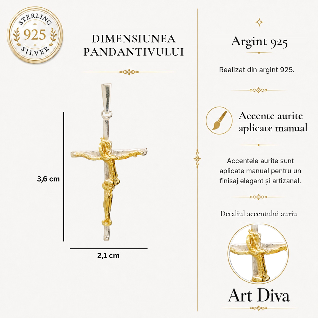 Pandantiv crucifix din argint 925 cu figura lui Hristos lucrată artistic și accente aurii – simbol handmade al credinței și al protecției în stil boho și rustic | Art Diva