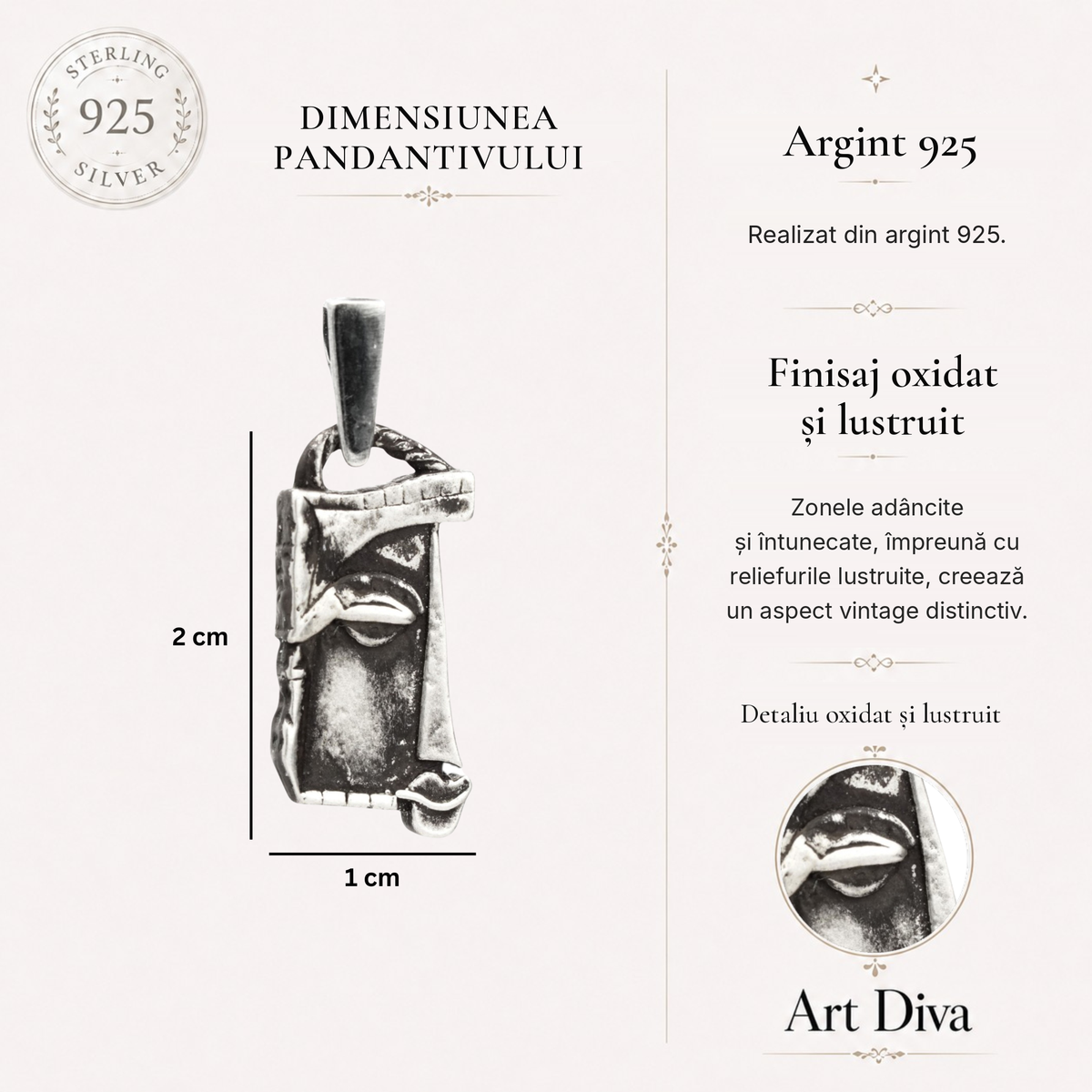 Pandantiv „Chipul Muzei” din argint 925, bijuterie sculpturală realizată manual pentru suflete creative, în stil boho și rustic | Art Diva
