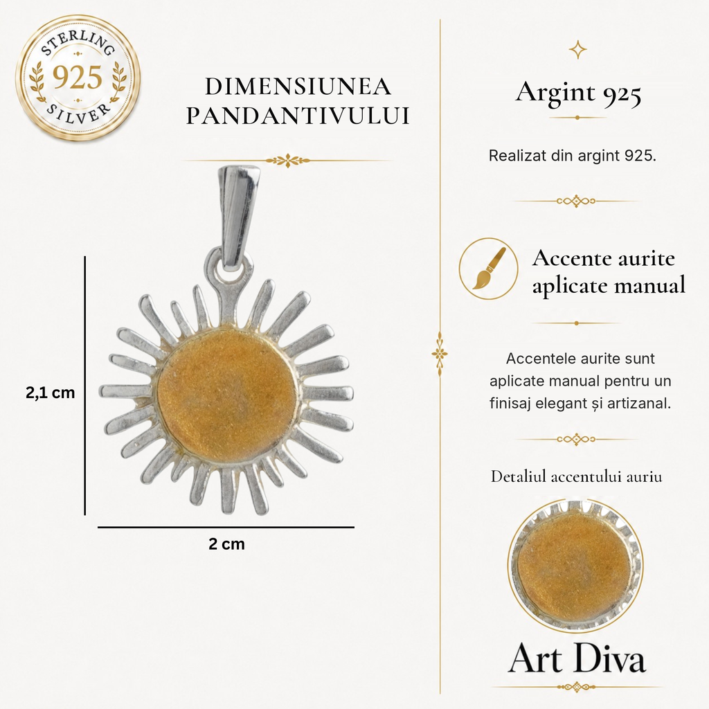 Pandantiv „Rază de soare” din argint 925 – talisman pentru căldură, lumină și speranță, bijuterie sculpturală realizată manual în stil boho și rustic | Art Diva