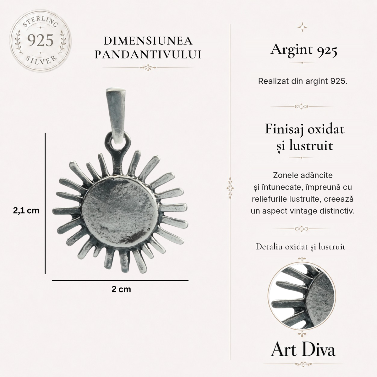 Pandantiv „Rază de soare” din argint 925 oxidat – talisman pentru căldură, lumină și speranță, bijuterie sculpturală realizată manual în stil boho și rustic | Art Diva