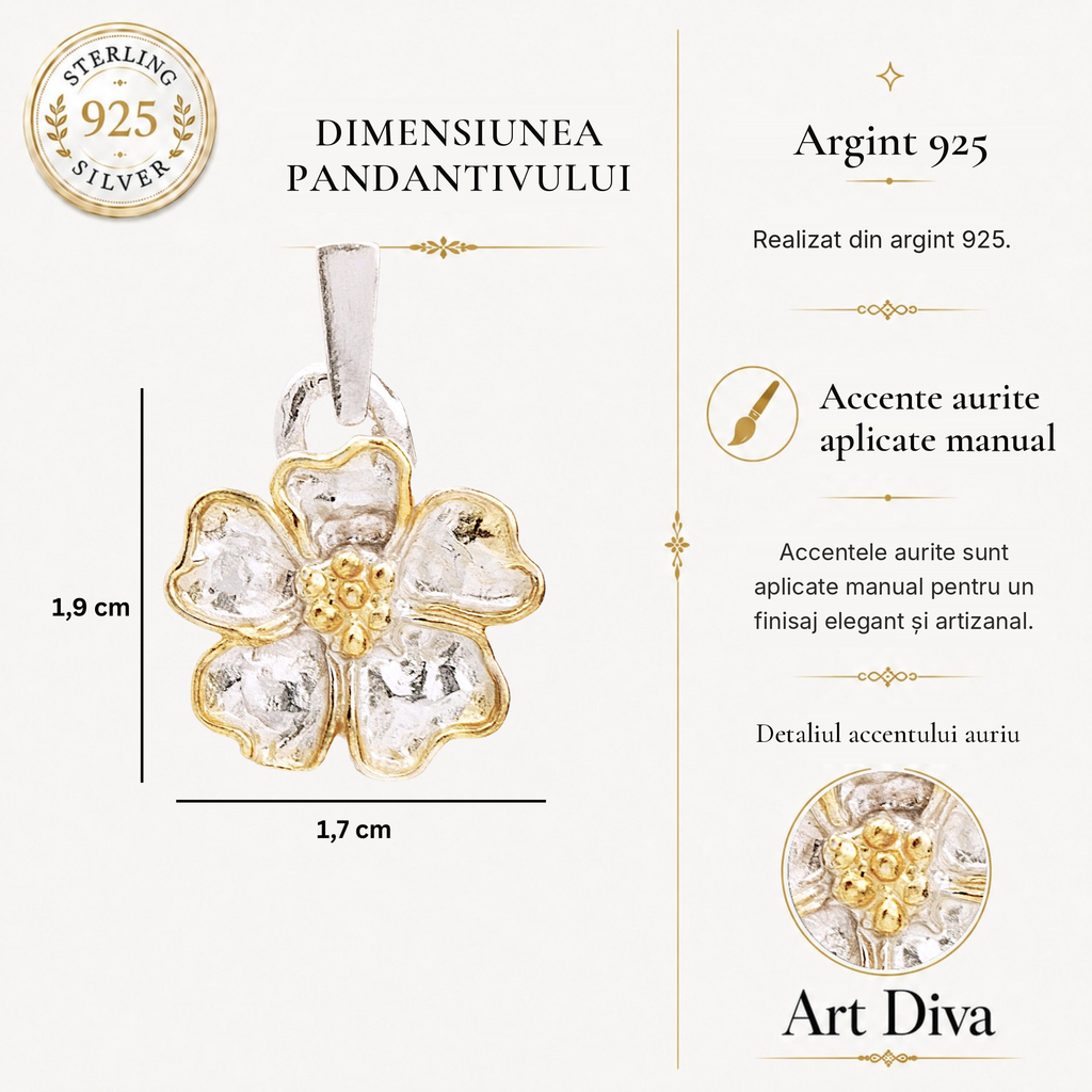 Pandantiv „Floare de cireș” din argint 925 cu accente aurii – talisman pentru primăvară și nou început, bijuterie sculpturală handmade în stil boho și rustic | Art Diva