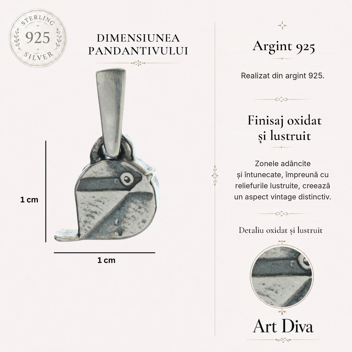 Pandantiv „Vrăbioară” din argint 925 – talisman oxidat pentru libertate, ușurință și căldură, bijuterie sculpturală handmade în stil boho și rustic | Art Diva