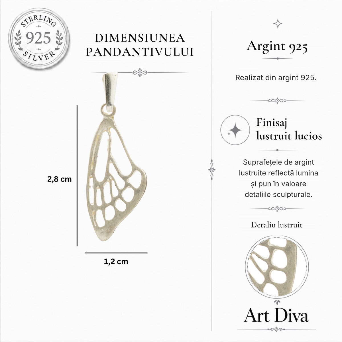 Pandantiv „Aripă de fluture” din argint 925 – amuletă pentru libertate și lumină, bijuterie sculpturală handmade în stil boho și rustic | Art Diva