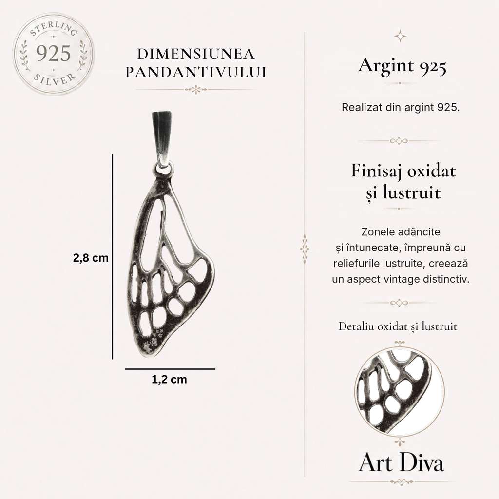 Pandantiv Aripă de fluture din argint 925 – talisman realizat manual pentru libertate și transformare, bijuterie sculpturală în stil boho și rustic | Art Diva