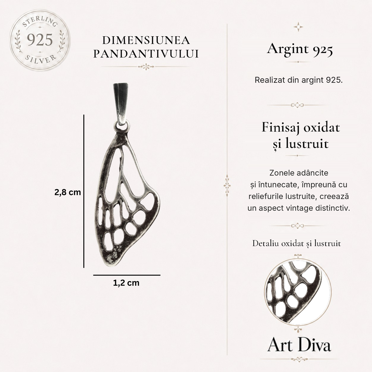 Pandantiv Aripă de fluture din argint 925 – talisman realizat manual pentru libertate și transformare, bijuterie sculpturală în stil boho și rustic | Art Diva
